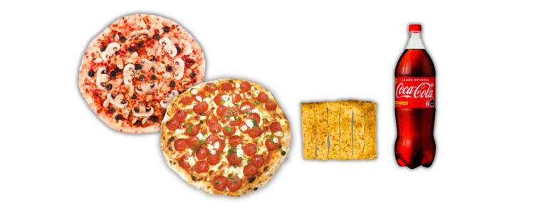 2 Pizzas Familiares de 2 Ingredientes + Palitos de Ajo + Bebida de 1,5 Litros